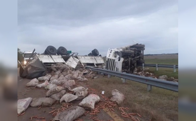 Volcó un camión con más de 30 mil kilos de zanahorias y hay dos heridos graves