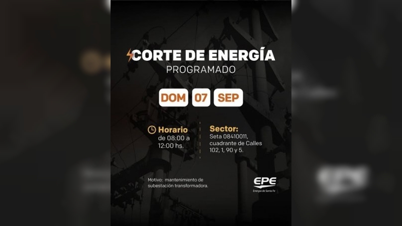 Corte de energía programado para domingo 7 de septiembre.