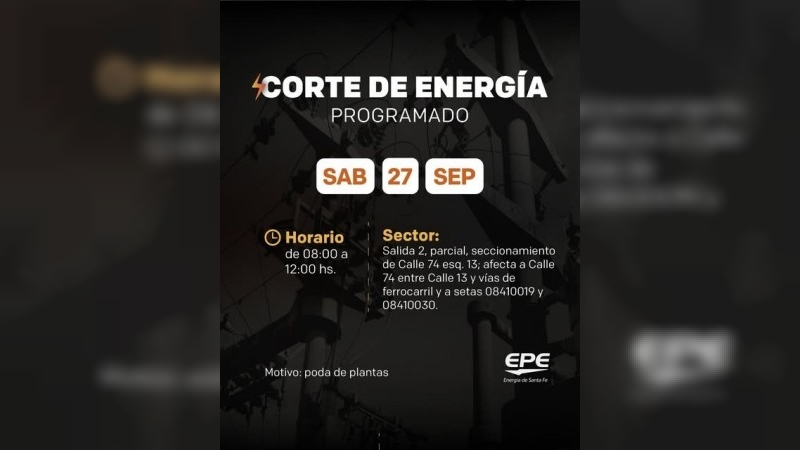 Corte de energía programado para este sábado, 27 de septiembre.